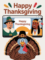 Cartoon turkey with pilgrims and native online for Thanksgiving, Thanksgiving vector with copy space
