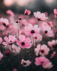 Cosmos flowers bloom in the field, their pink petals swaying in the wind