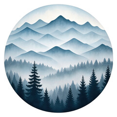 Fototapeta premium Misty blue mountain range with dense pine forest landscape isolated on transparent background