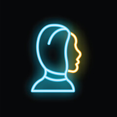 Neon sign showing the profile of a woman wearing hijab, glowing with blue and yellow light
