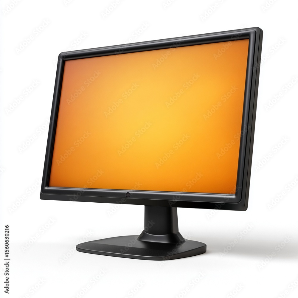 Poster modern black computer monitor display with orange screen isolated on white background