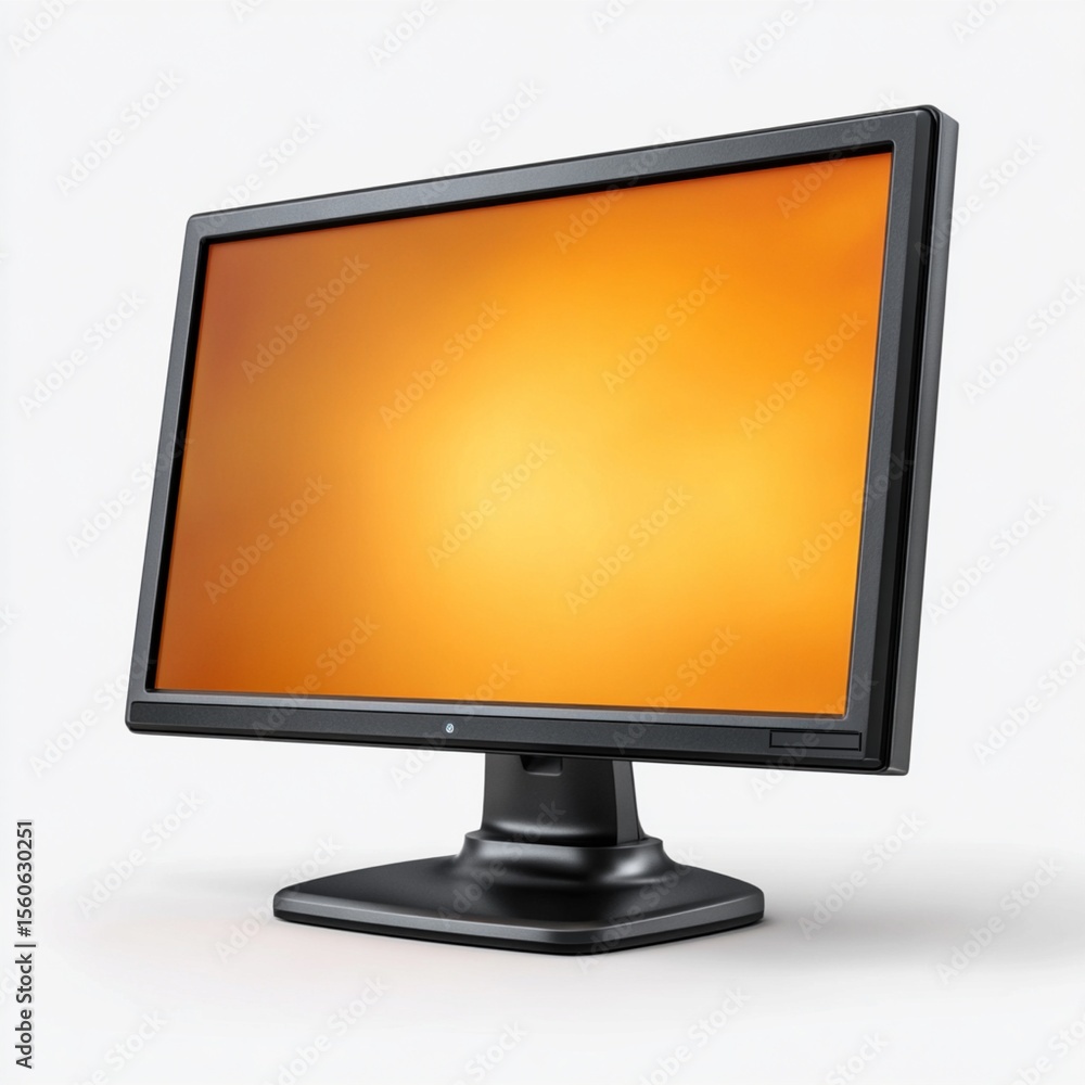 Poster modern computer monitor with a warm orange screen isolated on white background