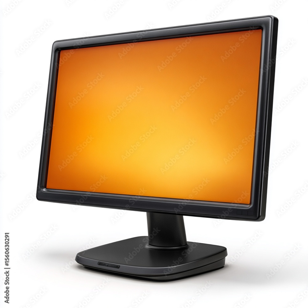 Poster modern computer monitor with a vibrant orange screen isolated on white background