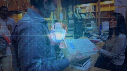 Man placing book on library checkout desk causing librarian scanning as overlay forming AI head - Powered by Adobe