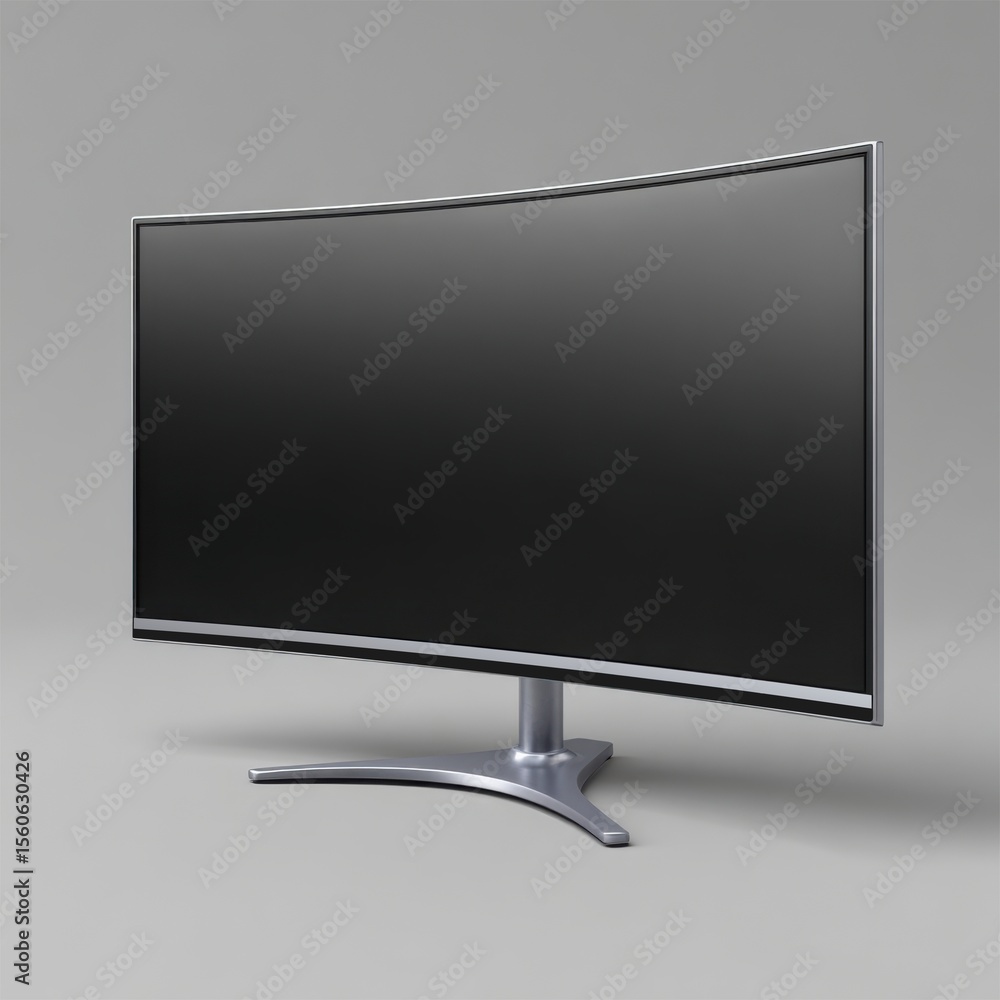 Poster modern curved computer monitor display screen with silver stand isolated on white background