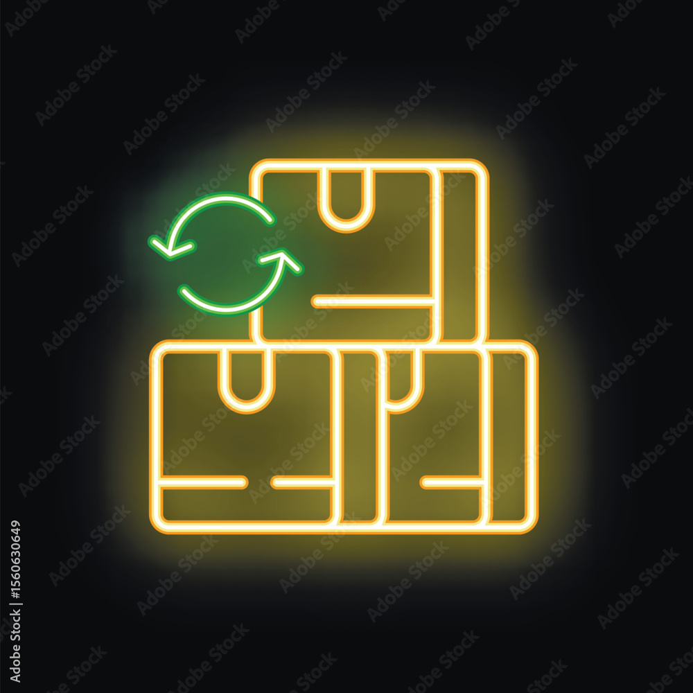 Aufkleber neon glowing icon of rotating arrows over a stack of cardboard boxes representing the concept of rev