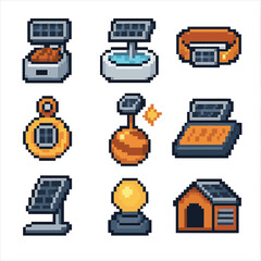 Solar Pet Accessories. Pixel art icon set of solar-powered pet accessories: solar pet feeder, solar water fountain, solar LED