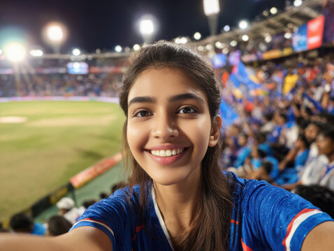 young indian girl taking selfie with mobile in stadium