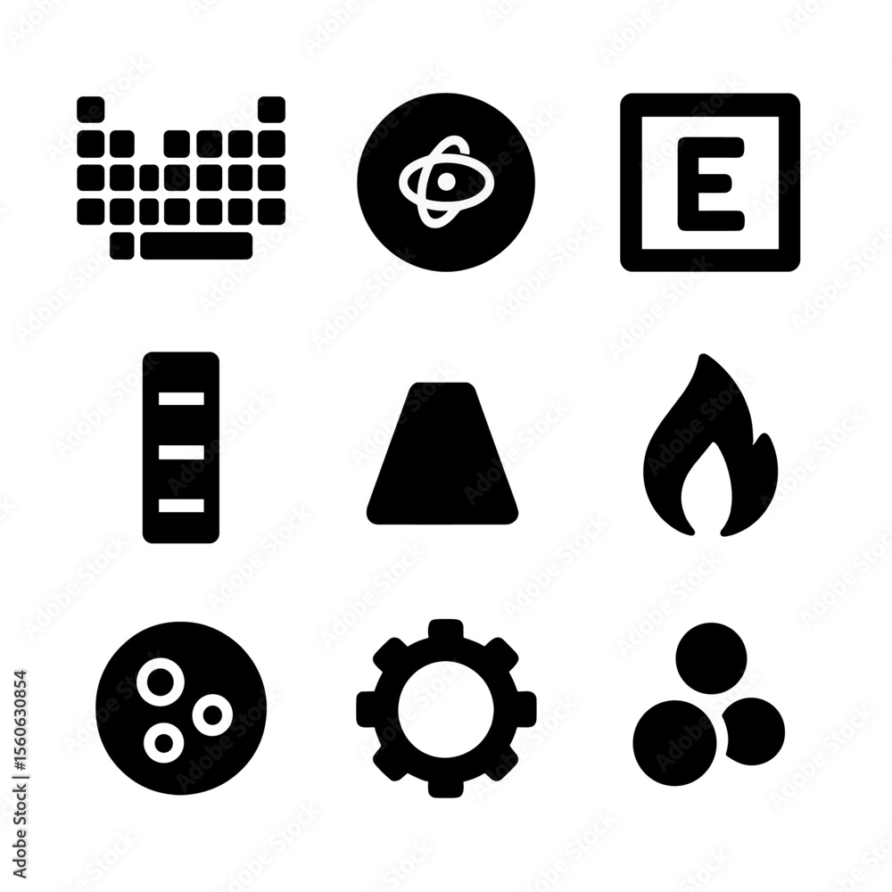Poster solid element icons. solid, filled icon set of periodic table elements: periodic table, atomic numbe