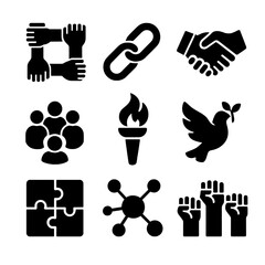Solidarity Icon Grid. Solid, filled icon set of solidarity: linked arms, chain links, handshake, group circle, unity torch, peace