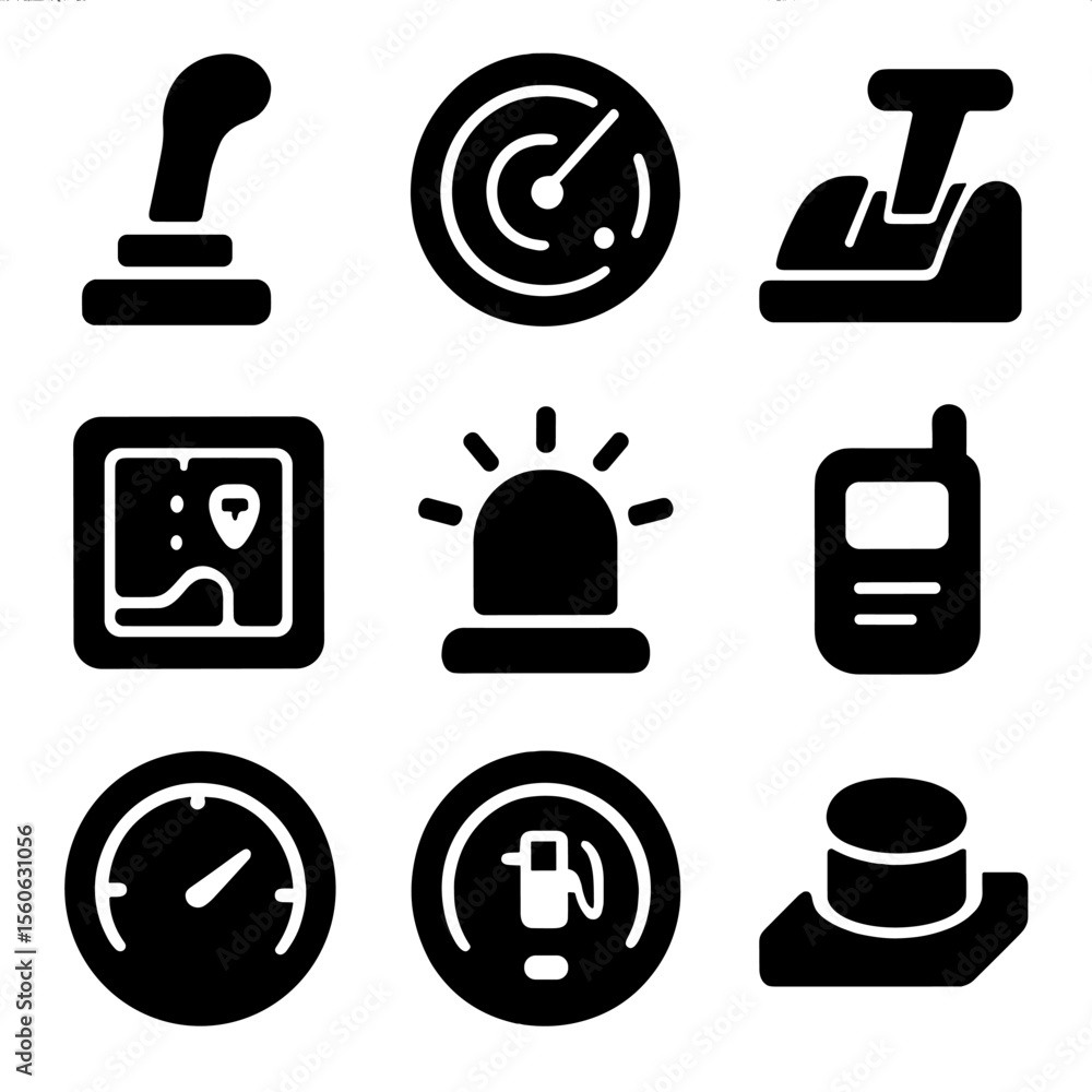 Poster spaceship control icons. solid, filled icon set of spaceship controls and instruments: joystick, rad