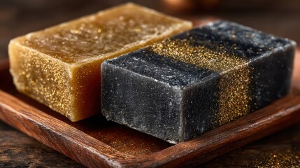 Two bars of artisan soap with gold glitter on a wooden plate for decoration and skincare