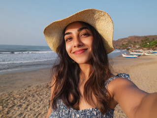 young indian woman taking selfie in mobile at beach