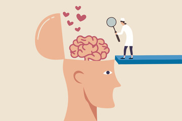 Amnesia losing memory, brain dementia, alzheimer disease, mental illness, thinking or remember disorder, psychology or anxiety concept, doctor with magnifying glass analyze amnesia patient brain.