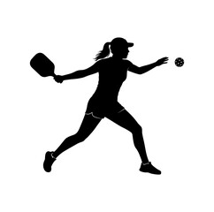 Silhouette of a Female Pickleball Player Swinging Her Paddle and Ready to Hit the Pickleball, Isolated on White