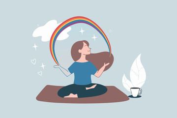 Mindfulness or meditation for mental wellness, spiritual or peaceful lifestyle, focus and concentration, yoga or mind balance concept, mindfulness woman lotus sitting with calm and positive mind.