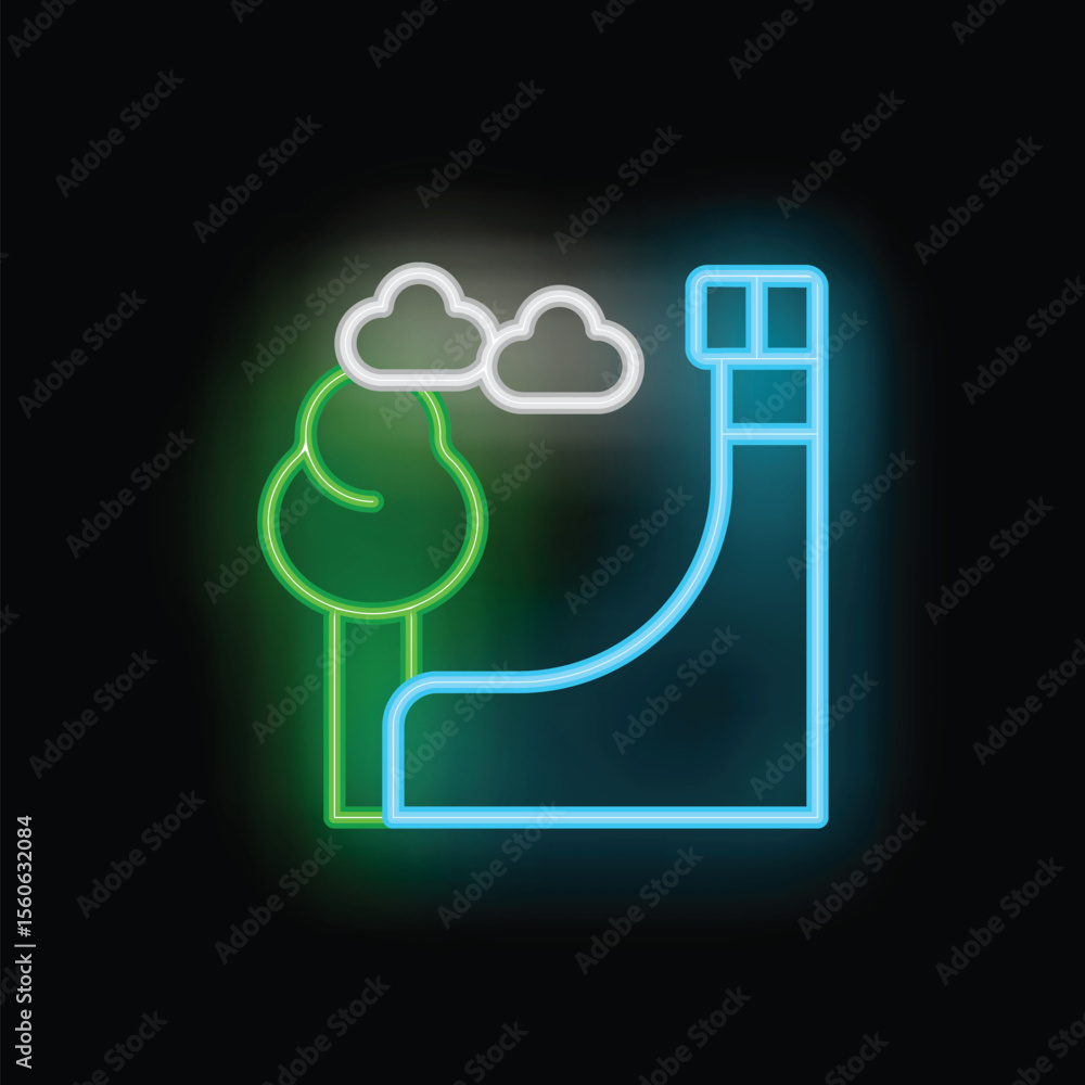 Poster neon sign illuminating a skate park ramp with a tree and clouds in the background