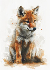 Naklejka premium a watercolor illustration of a cute reddish fox cub with fluffy fur, large ears, and expressive eyes, sitting upright and looking to the side