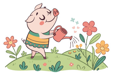 Vector cute Pig cartoon character, holding a watering can, surrounded by blooming flowers, cheerful expression, vibrant garden setting, isolated on white background
