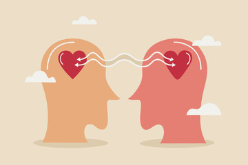 Empathy, sympathy, caring or share feeling to support other, understanding or kindness to help, social support or emotional intelligence concept, people head with heart sharing feeling with empathy.