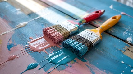 Pastel Paint Brushes on Blue Wooden Background