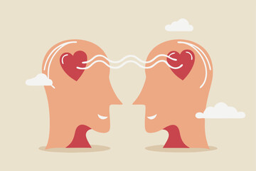 Empathy, sympathy, caring or share feeling to support other, understanding or kindness to help, social support or emotional intelligence concept, people head with heart sharing feeling with empathy.