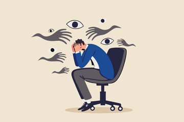 Paranoia, fear and panic cause by mental health, phobia or disorder from mental disorder, depression from stress and anxiety concept, paranoia businessman sitting on a chair with creepy hand and eyes.