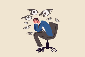 Paranoia, fear and panic cause by mental health, phobia or disorder from mental disorder, depression from stress and anxiety concept, paranoia businessman sitting on a chair with creepy hand and eyes.