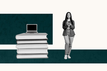 Composite poster image art collage of happy girl student stand pc monitor book education elearn...