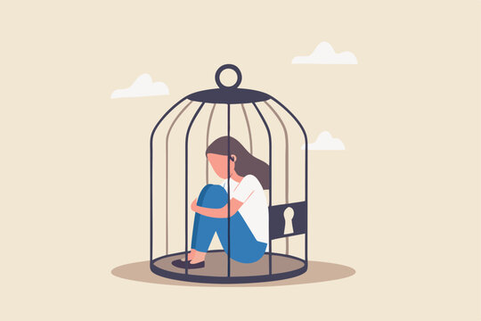 Stuck or trapped, fixed mindset or metal illness problem, anxiety or depression, solitude and loneliness, fear to get outside concept, depressed woman lock herself sit inside birdcage.