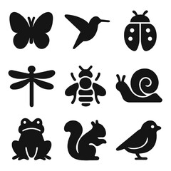 Fototapeta premium Summer Garden Wildlife Icons. Solid, filled icon set of summer garden wildlife: butterfly, hummingbird, ladybug, dragonfly, bee,