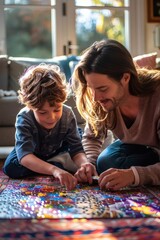 Fototapeta premium In the living room, parents and children are working on a puzzle together