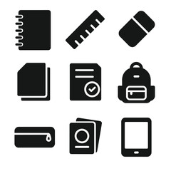 Study Tools Icon Set. Solid, filled icon set of study materials: spiral notebook, ruler, eraser, paper stack, assignment sheet,