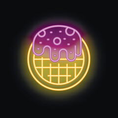 Glowing neon icon of a waffle with chocolate topping on black brick wall background