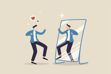 Self acceptance, love and respect yourself, key to success, confidence and positive thinking, attitude or mindset for leader concept, confidence businessman appreciate his self reflection on mirror.