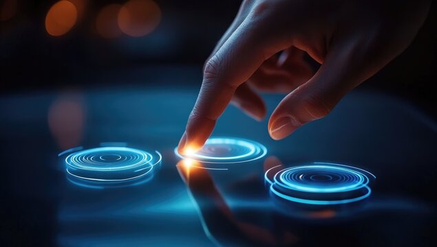 A hand interacts with a futuristic touch screen.  A fingertip hovers over glowing circular interface elements on a dark, reflective surface.  Soft, blurred lights are visible in the background