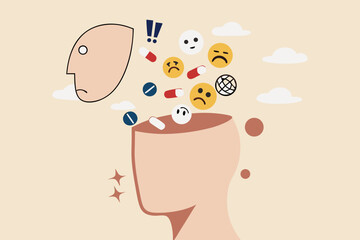 Negative thinking bad attitude cause of failure or fear, depression and sadness, emotional or mental problem, stress anxiety concept, human open head with negative symbol, thumb down, anger and chaos.