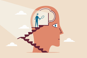 Psychology or brain analyze for human intelligence, memory, mindset or mental wellbeing, neurology or psychotherapy concept, man walk up the stair to open human head see mystery secret of human brain.