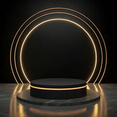 Black stage with glowing golden podium base and elegant rim lighting