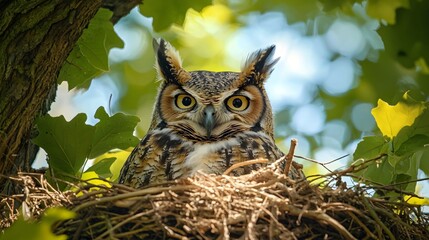 Obraz premium An owl rests in its nest, with soft sunlight filtering through the leaves