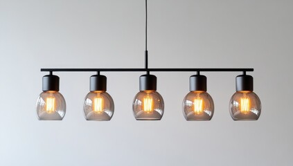Modern linear pendant light with five frosted glass globes
