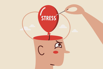Stress management, relaxation to relieve anxiety or anger from your brain, meditation to help reduce stress concept, doctor help solve anxiety problem using needle to burst stress balloon.