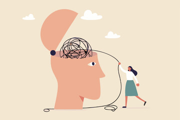 Anxiety and stress therapy, mental health treatment or psychology support, help relief anxiety or depression concept, therapist woman help eliminate chaos messy line from patient head.