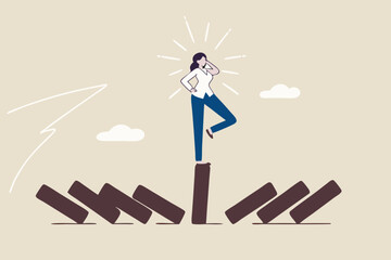 Mindfulness meditation relax to reduce stress and eliminate distraction, calm to build energy or spiritual wellness concept, success woman relax and meditating with yoga pose on standing domino.