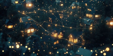 Naklejka premium Nighttime village nestled in trees, illuminated by warm lights