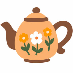 Charming orange teapot with white and yellow floral design. Great for cozy fall or spring kitchen decor and tea-themed illustrations.