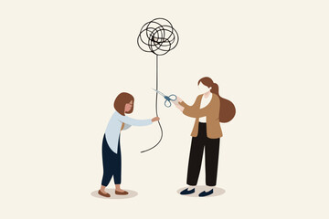 Reduce anxiety or stress, psychotherapy to cure mental health problem or depression, relaxation or relief to cure overworked concept, psychologist using scissors to cut chaos messy balloon on patient.