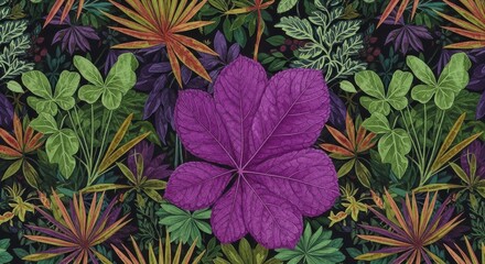 Naklejka premium Exotic Pattern Featuring a Large Purple Leaf Surrounded by Lush Greenery and Tropical Foliage