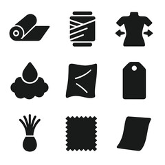 Synthetic Material Icons. Solid, filled icon set of synthetic fashion materials: polyester roll, nylon thread, spandex stretch,