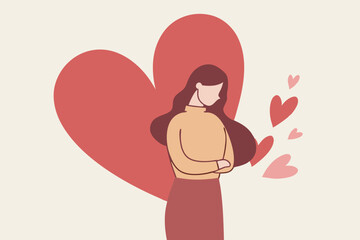 Self care is take care of yourself and wellbeing, enjoy exercise, sleep and hobbies, help you stay healthy, balance life, and better cope with stress and anxiety, happy woman hug herself with hearts.